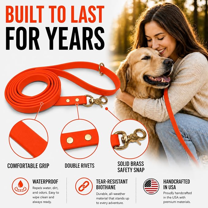 Gummy K9 Dog Leash, Biothane, Dog Training Leash, Made in The USA, 6 Feet, Various Sizes & Colors (5/8, Orange)
