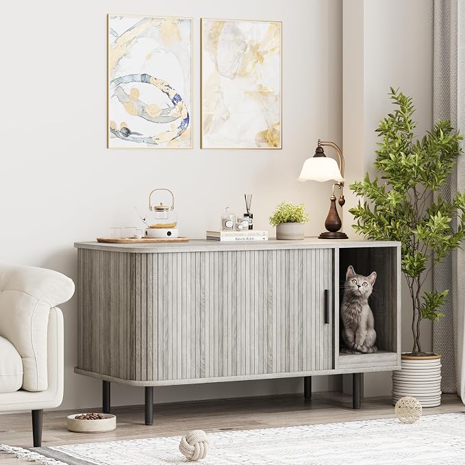 Halitaa 37.4" Cat Litter Box Enclosure with Scratch Pad, Sliding Door | Litter Box Enclosure Furniture Hidden Litter Box, Modern Indoor Cat House, TV Stand, Side End Table for Living Room, Grey