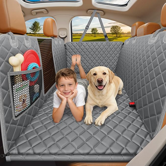 URPOWER Hard Bottom Dog Car Seat Cover, Back Seat Extender for Cars & SUVs | 400 lbs Support, 45% More Space, Waterproof, Mesh Window, Scratch Resistant, Non-Slip, Easy Care, Dog Seat Belt Included