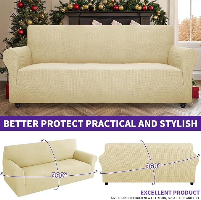 ZNSAYOTX Super Stretch Couch Cover (72"-92") Universal Sofa Covers with Elastic Bottom, Dog Cat Pets Friendly Washable Furniture Protector Fitted Sofa Slipcovers Stay in Place (Beige, Sofa)