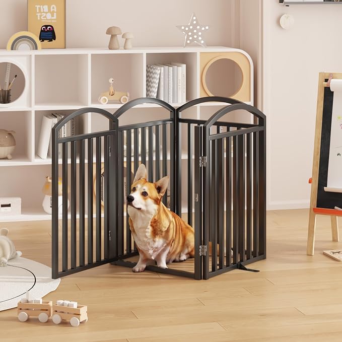 Foldable Pet Fence 80" Wide, 30" Tall,No-Assembly Dog Gate with Door,Black | 4 Panels Metal Folding Freestanding Dog Gate Walk Through,Extra Accordion Puppy Folding Playpen for Doorways, Stairs,House