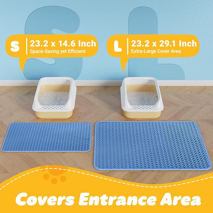 Powools Cat Litter Mat, 23.2 x 14.6 in, Waterproof, Non-Slip, Blue | Litter Trapping Mat, Easy to Clean, Litter Box Mat, Urine-Proof, Cat Toilet Training Systems Accessories, Indoor Cats