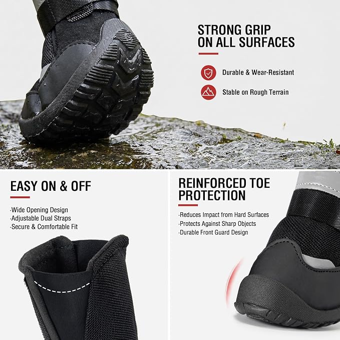 Dog Shoes for Hot Pavement, Breathable Mesh Dog Boots 4 Pack for Medium Large Dogs, Anti-Slip Paw Protectors with Reflective Straps, Easy-On Dog Booties for Summer Walking Hiking (Black, Size 9)