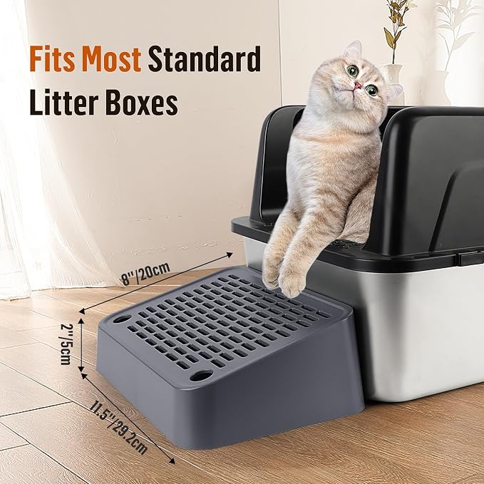 Litter Box Ramp, Cat Step for Litter Box with Filter Function, Dark Grey | Cat Litter Box Step for Kitten & Elderly Cats, Washable Double Layer Litter Catcher, Non-Slip Litter Catcher, Easy to Clean