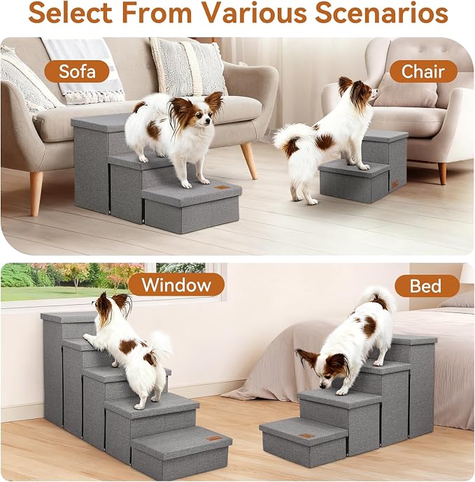 Zerbuger Dog Stairs with Storage, Grey 4 Steps Dog Ramp with Condo for Bed | 23" H Wider Dog Steps for High Beds Couch, Folding Storage Pet Stairs Gift for Climbing Small/Medium/Large Old Dogs Cats