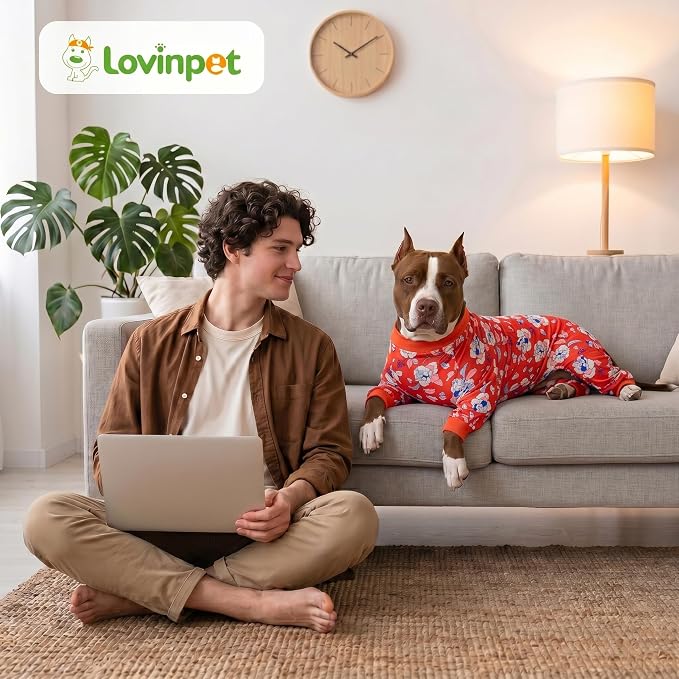 LovinPet Large Dogs PJS sweatshirt, Anti Licking, UV Protections Dog Shirt, Stretchy Comfortable Skin-friendly Fabric, Post Surgery Recovery Dog Pajamas, Red & Peach Floral Print, Onesies for Dogs,2XL