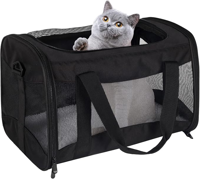 Cat Carrying Case - Pet Carrier Airline Approved, Protable and Breathable Pet Travel Carrier Removable Fleece Pad, Collapsible Cat Carrier Dog Carrier for Medium Cats Small Cats Dogs (Small, Black)