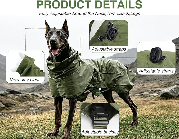 Skmeditec Dog Raincoat with Hood, Waterproof Puppy Rain Coat, Windproof Breathable Jacket with Mesh Lining, Outdoor Hiking Shell Coat for Extra Large Sized Dogs (Green, 3XL)