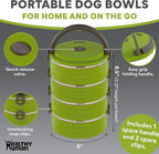 Healthy Human Travel Pet Bento Bowls - Human-Grade Stainless Steel & BPA-Free, Leak-Proof Water & Food Container Set for Dogs & Cats, 3-Pack Interlocking Bowls, Includes Spare Clips & Handle (Green)