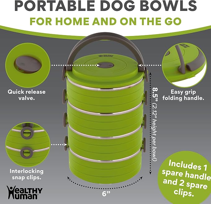 Healthy Human Travel Pet Bento Bowls - Human-Grade Stainless Steel & BPA-Free, Leak-Proof Water & Food Container Set for Dogs & Cats, 2-Pack Interlocking Bowls, Includes Spare Clips & Handle (Green)
