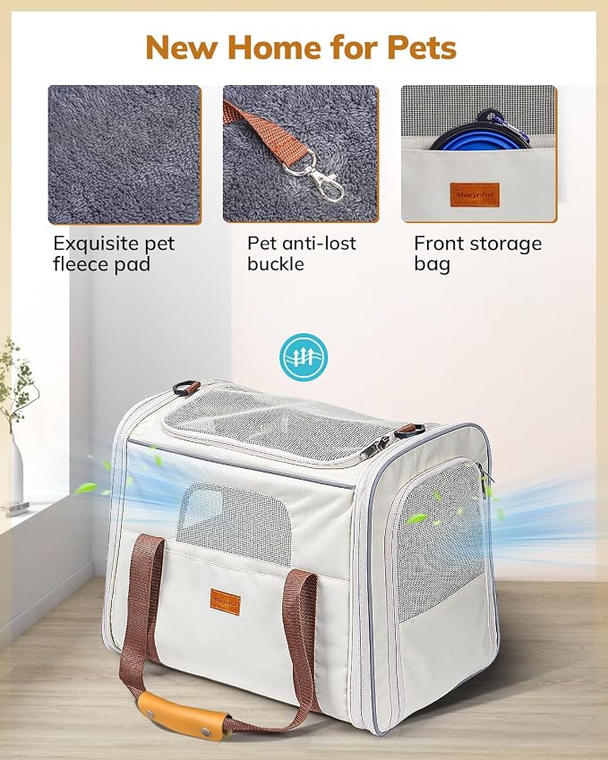 Morpilot Cat Carrier - Soft Sided Cat Carrier Large for Big Medium Cats and Puppy up to 18lbs, Pet Carrier with Safety Zippers, Foldable Bowl, Airline Approved Large Dog Carrier - Beige