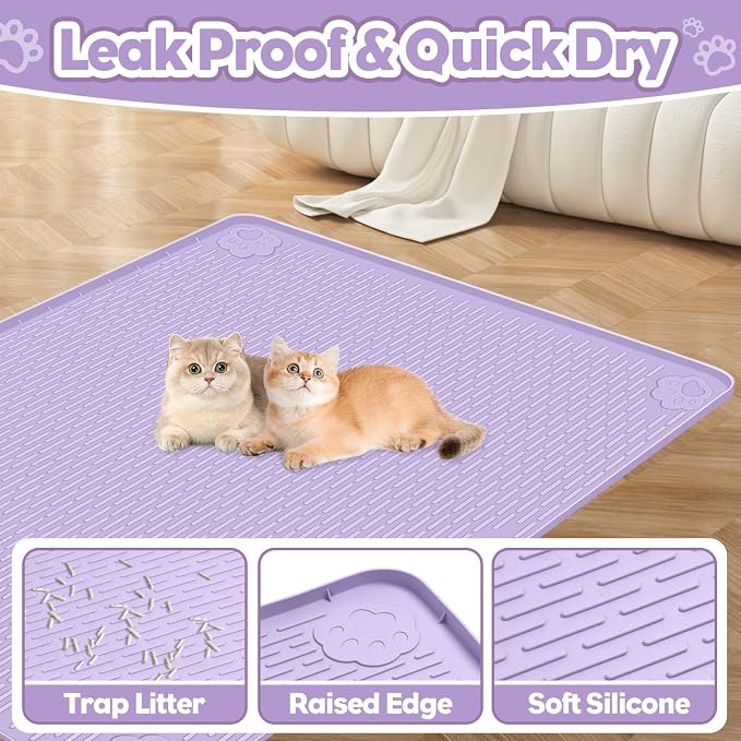 Silicone Cat Litter Mat for Litter Box 34”x22” Large Cat Mat, Purple | Waterproof, Non-Slip, Leak-Proof Rug Mat with Lip, Easy to Clean, Extra Large Litter Catcher Mat for Floor