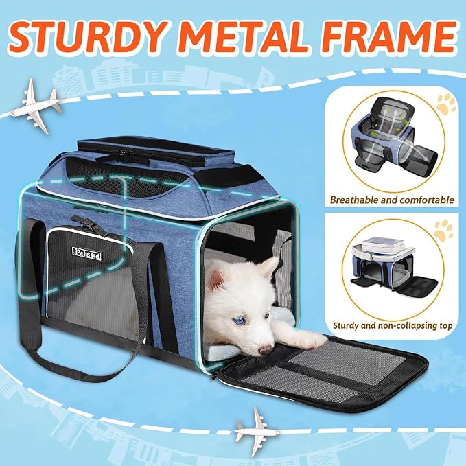 Petskd Top-Expandable Small Pet Carrier 17"x12"x8.5" Airline Approved | for JetBlue/Frontier/Spirit Airlines, Lockable Safety Zippers and Anti-Scratch Mesh, Soft-Sided, Pets Under 8 Lbs, Blue