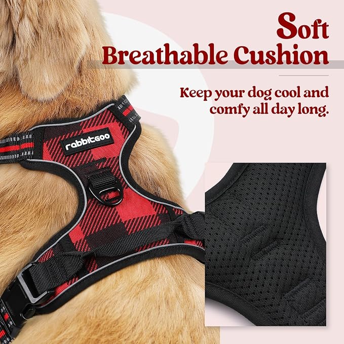 rabbitgoo Dog Harness, No Pull for Large Dogs with 2 Leash Clips, Pet Vest | No Choke with Handle, Adjustable Soft Padded, Reflective, Easy Control for Walking, Red Plaid, Small