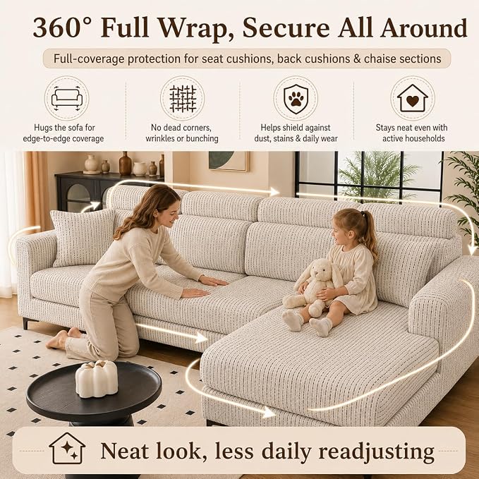 Stretch Sofa Slipcover, 2026 Upgraded Non Slip Couch Cover with Adjustable Straps, Pet Dog Cat Friendly Furniture Protector for 3 Seater, Washable for Living Room
