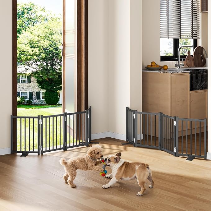 Snughome 2 Pack Short Dog Gate Indoor, 16" High Freestanding Small Dog Gates with Support Feet, Expand Up to 48’’ Wide Foldable Pet Gate for Doorway, 8 Panel Pet Door Pet Fence for Puppy, Black
