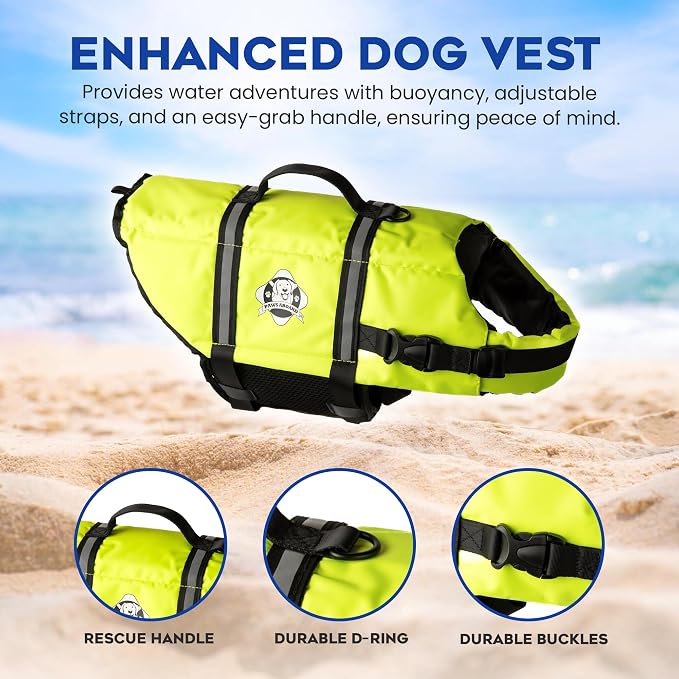 Dog Life Jacket - Swimming Vest for Dogs, Adjustable, Reflective, Comfortable, Multiple Colors, Patterns, XX-Small to Extra Large Dog Swim Vest with Handle (Neon Yellow, Medium)
