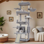 Heybly Tall Cat Tree for Large Cat, 80-inch Multi-Level Cat Tower HCT038W | Condo Furniture for Indoor Cats with Large Baseboard, 2 Widened Plush Perches, Scratching Board, Big Caves, Light Gray