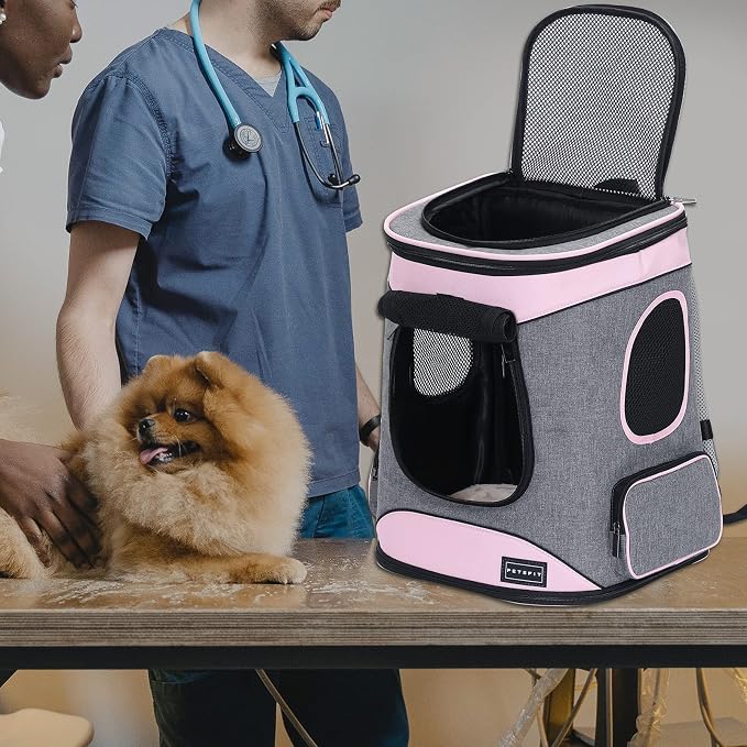 Petsfit Dog and Cat Backpack Carrier, Padded Waist Support, Up to 18 lb | 13.5 x 12.5 x 17.5 in; reinforced frame, 600D Oxford, 4 mesh panels, lockable zippers, safety tether and washable mat.
