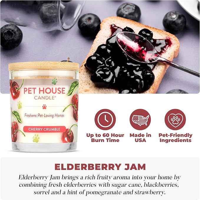 Pet House Candle 2 Pack - Plant-Based/Soy - Clean Burning Scented, Long Lasting Pet Odor Candle for Home - Elderberry Jam