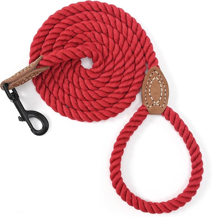 Mile High Life Dog Leash Braided Cotton Rope with Leather-Reinforced Ends | Rust-proof 360° swivel clasp, Heavy-duty for small/medium breeds. Great for weddings, daily walks (5 FT, 1/3", Red)