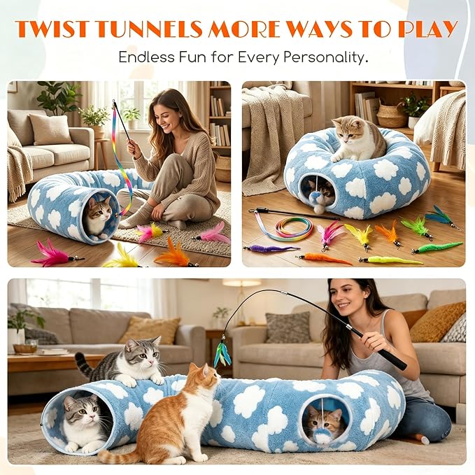 Cat Tunnel Bed with Toys – Large Collapsible Play Tube (Blue) | Soft Tube for Indoor Kittens & Adult Cats – Perfect for Hide & Seek, Pouncing, and Cozy Napping, Space-Saving & Foldable