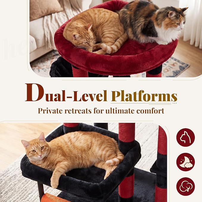 Hey-brother Cat Tree Tower with Stable L-Shaped Widen Base, Condo, MPJ086BR | 68.5 Inches Multi-Level Furniture with 2 Platforms, 11 Scratching Posts, Hammock and Toys Ball for Indoor Cats, Black and Red