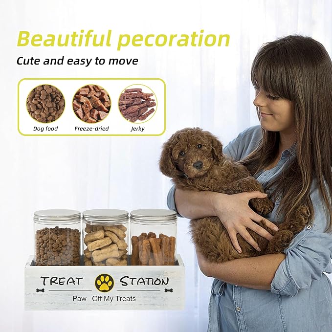 Dog treat container for Countertop Cat Organization and Storage with 3 Jars Pet Accessories Storage Decorative Dog Treat Station Farmhouse Decor Gift for Pet