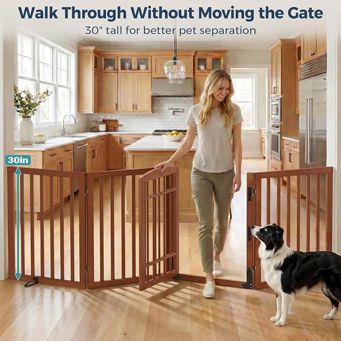 Homykic Dog Gate Indoor, 94.5" W x 30" H Extra Wide Foldable Bamboo Pet Gate with Door, No Assembly Freestanding Dog Fence with 2 Support Feet & 360°Hinges for Doorways Hallways (Walnut, 4 Panels)