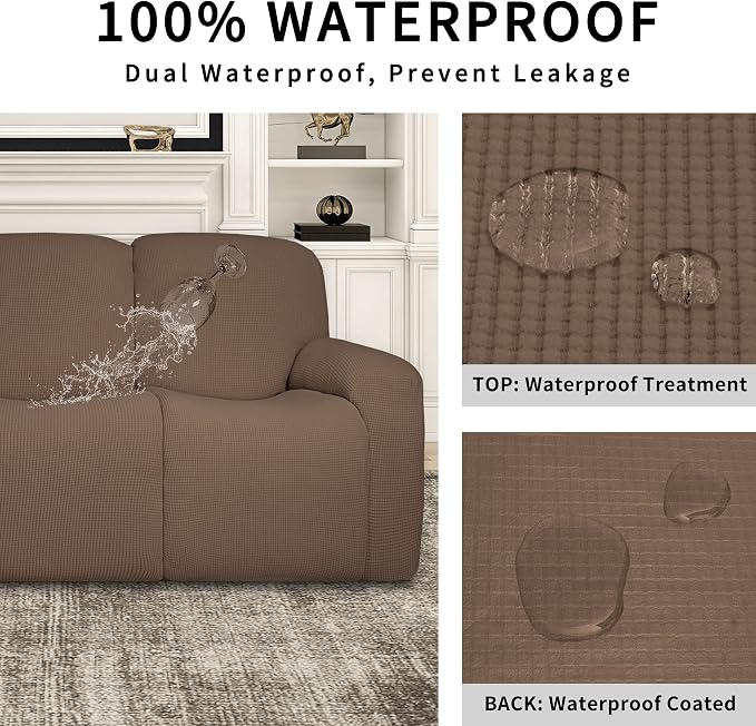 Easy-Going 100% Dual Waterproof Recliner Sofa Cover, 8-Pieces Stretch Relining Couch Cover with Pocket, Jacquard 3 Seat Sofa Slipcover Leakproof Washable (Sofa, Brown)