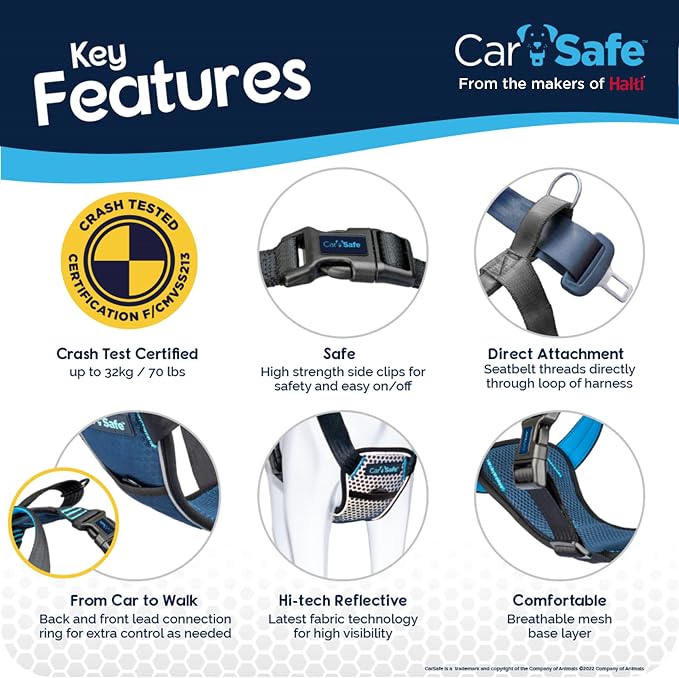 CarSafe Crash Tested Dog Safety Harness - Crash Tested to 32Kg/70lbs, Safely Secure Dog in the Car, Comfortable and Padded Design. for Toy, Small, Medium and Large Dogs (Size Medium)