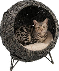 PawHut Rattan Cat Bed Elevated Handwoven Cat Basket Bed for Kittens Gray | Soft Cushion, Metal Base, Indoor Kitty Furniture, Breathable