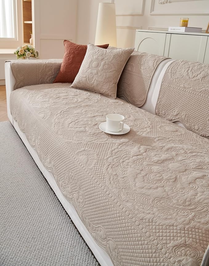 Luxury Vintage Cotton Embroidery Sofa Cover Soft Farmhouse Seat Cushion Cover Floral Quilted Sectional Couch Cover Anti-Slip Sofa Slipcovers Furniture Protector for Dogs Cats (Khaki,36"x70")