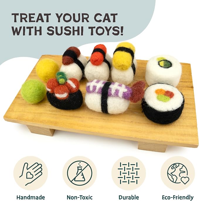 Woolbuddy Wool Cat Toys (Sushi 9 PCS) for Indoor Cats & Kittens Catnip-Free | 100% Pure Wool Felt Interactive Cat Toys, Catnip-Free for Bored Cats, Teething Kittens, Redirect Cat's Destructive Energy