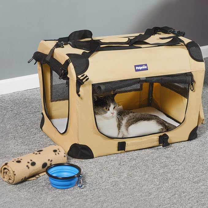 Petprsco Portable Collapsible Dog Crate, 24" Soft Dog Crate for Car Travel | Small Dog Crate Kennel 24”*17”*17” with Soft Blanket and Foldable Bowl for Large Cats & Small Dogs Indoor and Outdoor Use