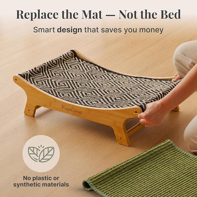 XL Sisal Cat Scratcher Bed with Elevated Hammock for Indoor Cats, Replaceable Natural Sisal Pad, Large Cat Lounge, Anti-Slip No-Wobble Bamboo Frame, Black & White Diamond.