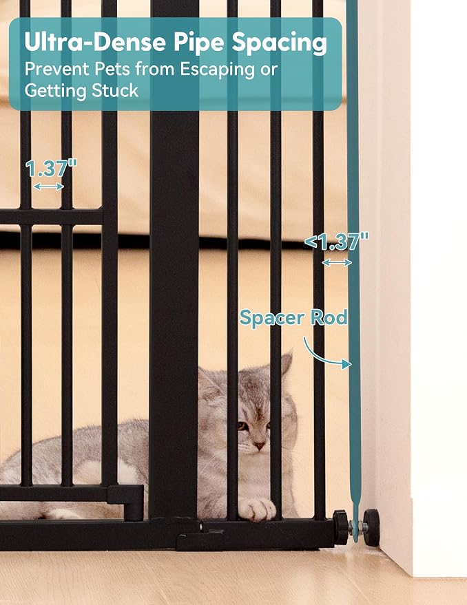 No Pawblems 55" Extra Tall Pet Gate with Cat Door, 29"-43" Dog Gate Indoor | NO Drilling Pressure Mounted for Doorways/Hallways, 1.37" Bar Spacing, One-handed Operation, Auto Close, Dual Lock, Black