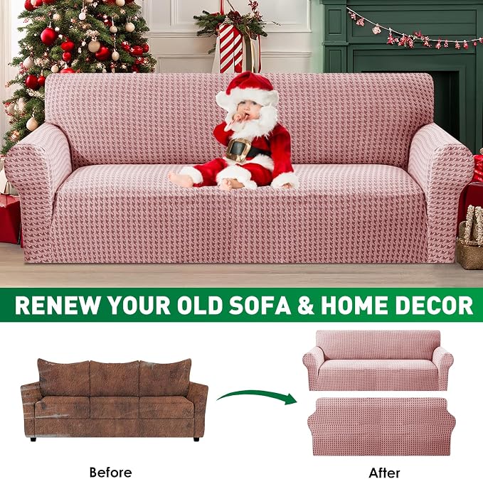 MAXIJIN Stretch Couch Cover Sofa Covers for 3 Cushion Couch (71"-91" Washable Sofa Slipcovers with Non-Slip Foam & Elastic Strap, Dog Cat Pet Friendly Furniture Protector (Large, Pink)