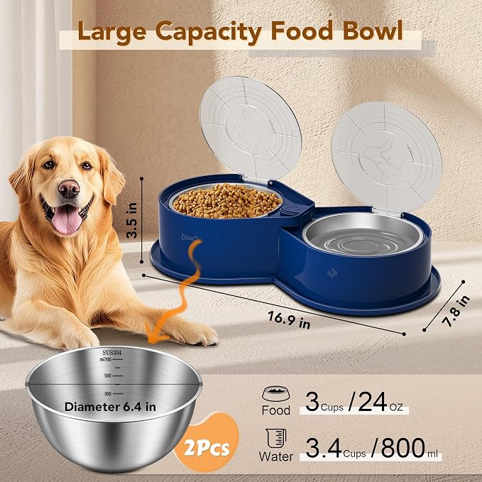 Newget 304 Stainless Steel Dog Bowl Set with Lids, 24oz Foldable Pet Dishes | Dual Food & Water Pet Bowl, Anti-Skid, Keeps Food Fresh, Easy to Install, for Small - Large Dogs/Cats - Indoor & Outdoor Use