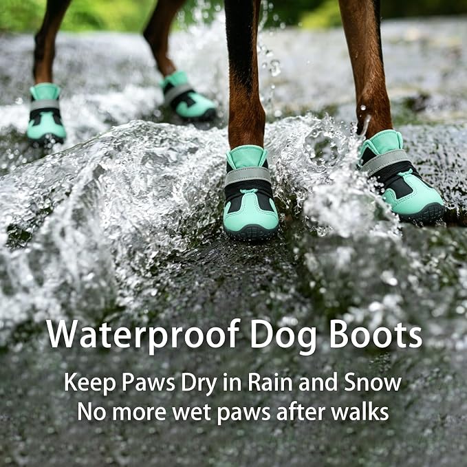 Lightweight Dog Boots, Durable & Anti-Slip Dog Shoes for Hot Pavement, Winter Snow, Paw Protectors for Hard Floors, Hiking, Waterproof for Rainy Walks, Booties for Dogs Prevent Licking, Green Size 4