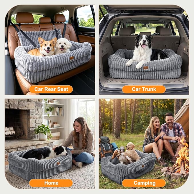 Pawaboo Dog Car Seat Bed, Memory Foam Booster for Medium/Large Dogs, Gray | Rear-seat pet travel bed with washable cover, safety leashes, thick cushion, and room for 2 small dogs