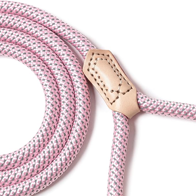 Mile High Life Dog Leash with Genuine Leather Handle, 4/5/6FT, Reflective | Rope Leash, Heavy Duty 360° Swivel Metal Clasp, for Small Medium & Large Dogs Walking (Pink, 60 Inch-1/2)