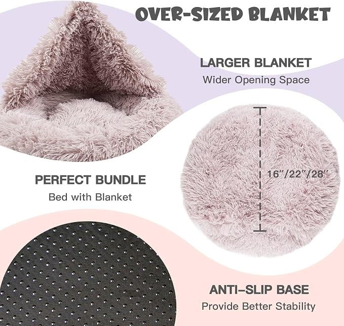 Himax 35in Covered Large Dog Bed with Blanket Attached Calming Burrow Beige | Anti-Anxiety Donut dog bed with cover, Washable Round Fluffy Pet& Cat Beds for Indoor