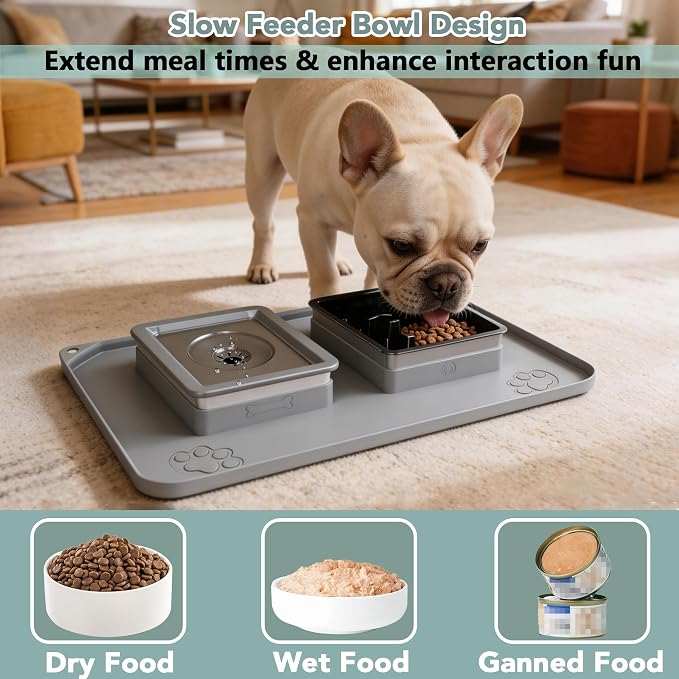 Dog Bowl Set, No Spill Dog Water and Food Bowl with Slow Feeder | Large Capacity 304 Stainless Steel Bowls, 3-In-1 Set, Slows Drinking, Anti-Slip Mat, Easy to Clean, Home/Travel, 6-7 Cups
