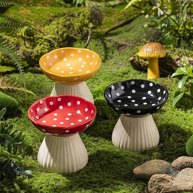 Mushroom Cat Bowl, Raised Ceramic Cat Food Dish for Whisker Fatigue, Forest Style Pet Water Bowl, Elevated Tilted Neck Protection Feeder for Indoor Cats & Small Dogs (Red & Black)