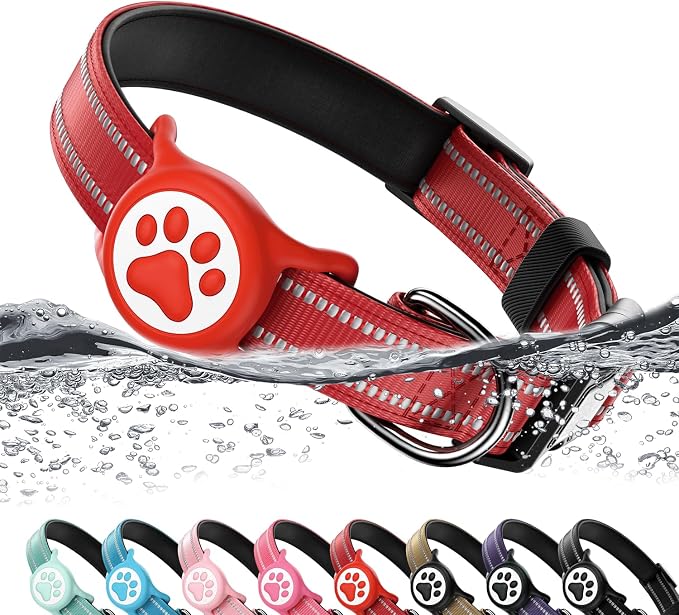 Airtag Dog Collar, Reflective Ultra-Durable Nylon Padded with QR Code Buckle & IP68 Waterproof Air Tag Holder Compatible for Apple AirTag, Comfortable for Small Medium Large Dogs(Red,S)