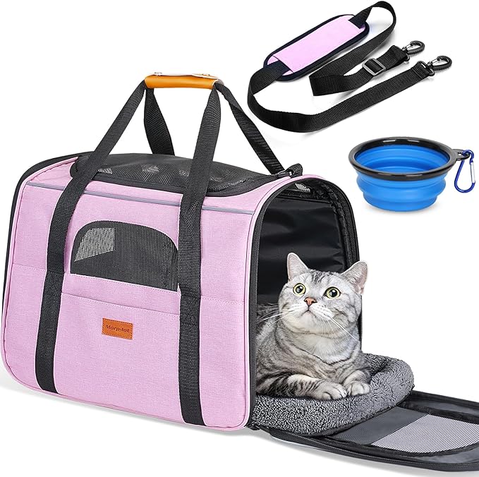 Morpilot Portable Cat Carrier - Soft Cat Carrier for Medium Cats and Puppy up to 15lbs,with Dual-Sided Cushion, Secure Buckle and Foldable Bowl, Dog Carriers for Small Dogs - Pet Carrier (Pink)