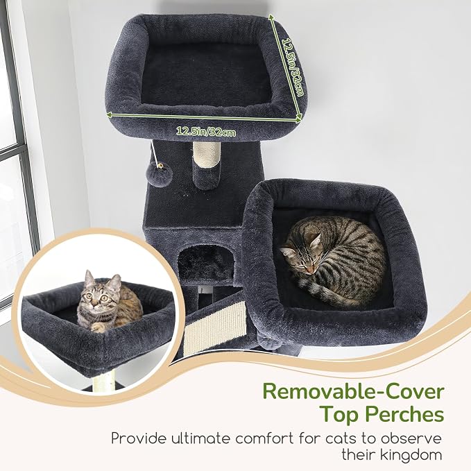 Globlazer F74D Cat Tree for Large Cats 20+ lbs, 74in Tall Tower, Dark Grey | Easy Assembly, Maine Coon, Large Cats, 2 Condos, Steel-Rim Basket Bowl, Plush Bed, 2 Perches, Sisal Posts, Anti-Topple Strap