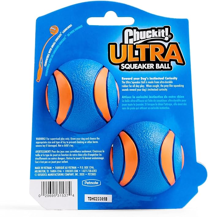Chuckit! Ultra Squeaker Balls for Dogs, Floating Water Pet Toys, Durable Rubber Pet Toy, Bouncy Squeaky Fetch Balls For Dogs, Pack of 2, Medium (2.5")
