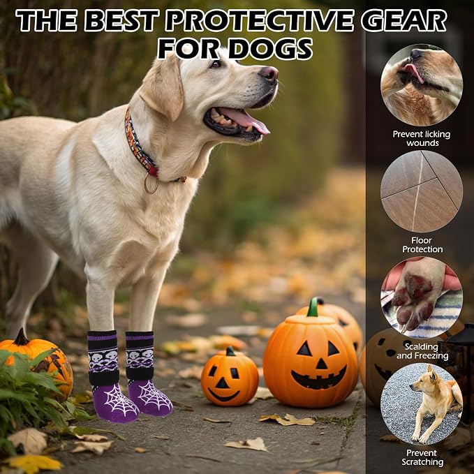 EXPAWLORER Halloween Anti Slip Dog Socks to Prevent Licking Paws, Boots & Paw Protectors with Spider Web Grippers,Doggie Booties for Hardwood Floors for Small Medium Large Senior Dogs Purple Ghost S
